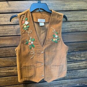 Customized vintage corduroy vest.  Brown Embroidered Vest with Floral Design